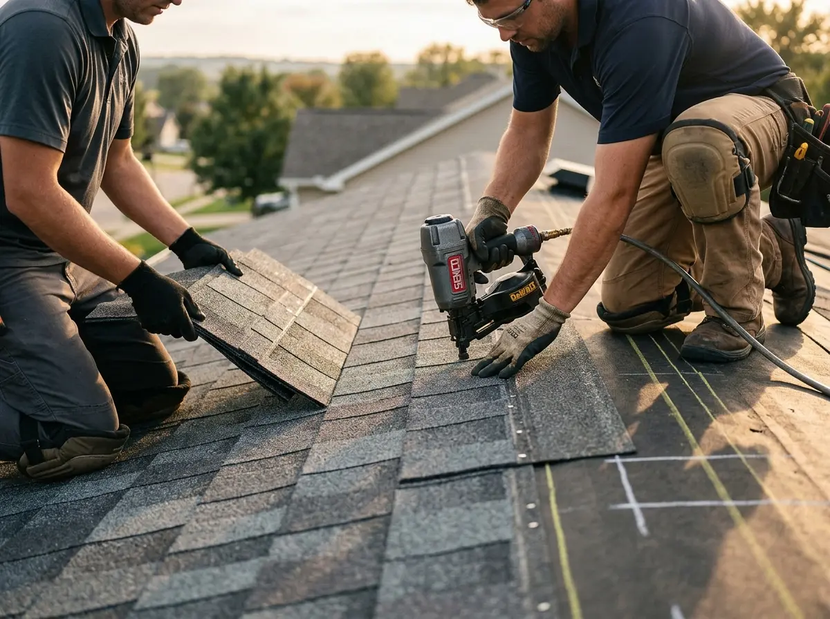 Professional roofer working on a residential roof in Aptos